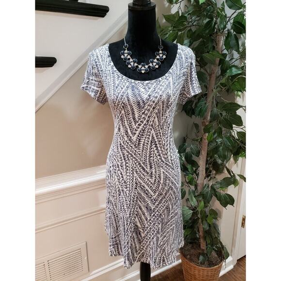 Ronni Nicole Womens White & Blue Polyester Short Sleeve Round Neck Shift Dress S - Picture 1 of 12